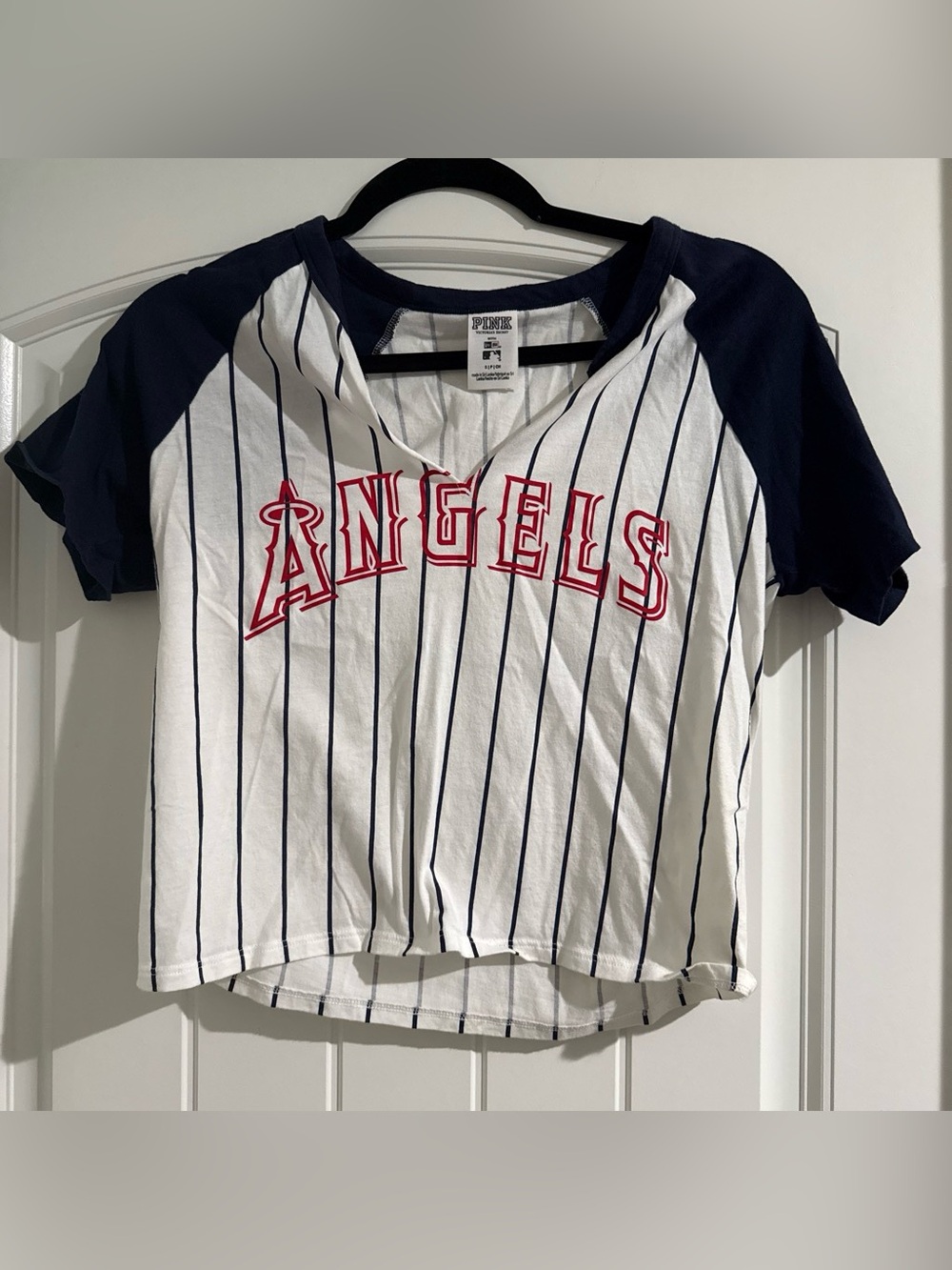 PINK Victoria's Secret White & Navy Pinstripe 'Angels' Raglan Tee